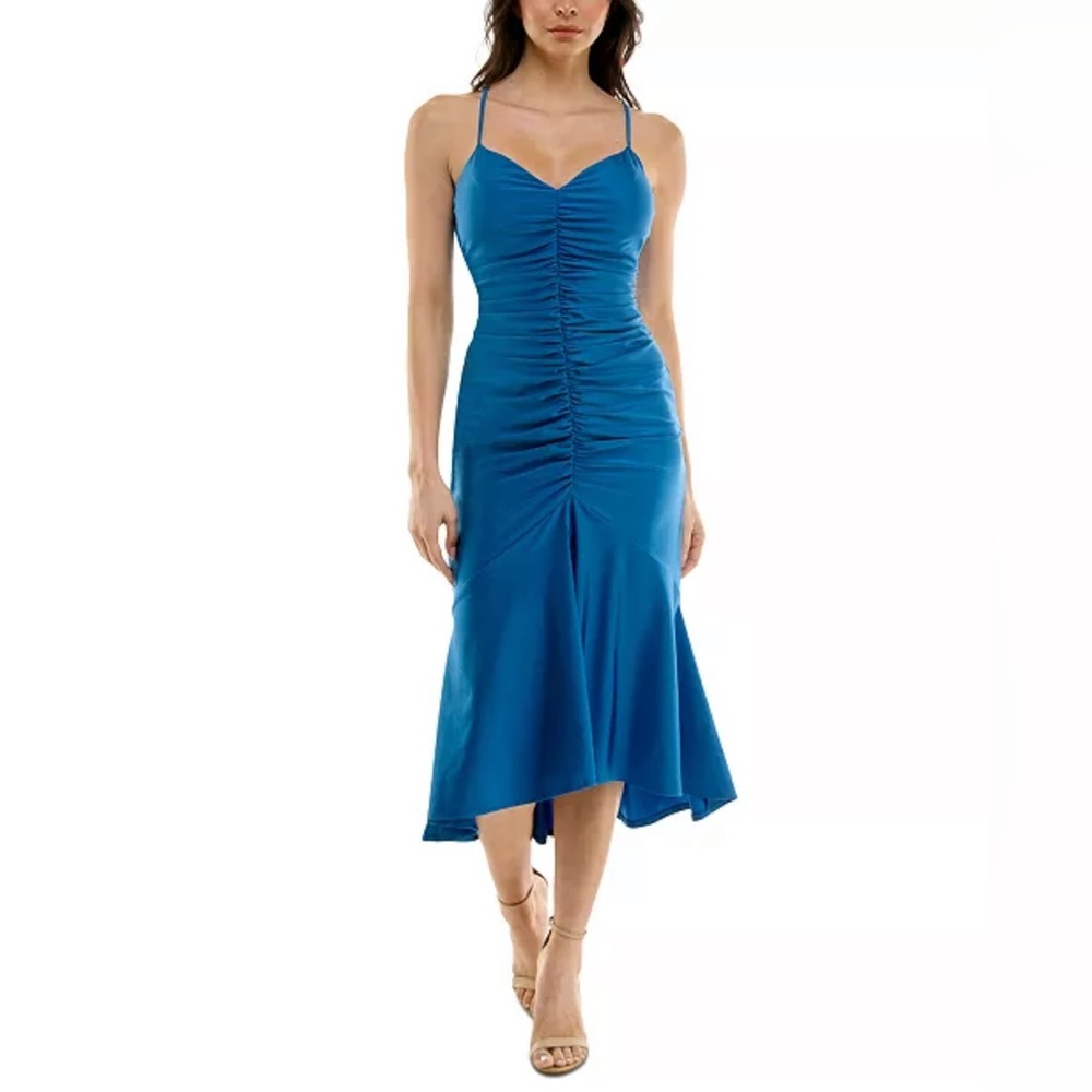 Emerald Sundae Juniors' Ruched Blue Midi Dress